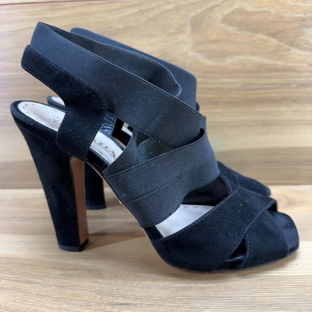 PRADA Strappy Heels Square Toe 7 EU 37 Black Suede Stretch Sandals - Picture 5 of 10
